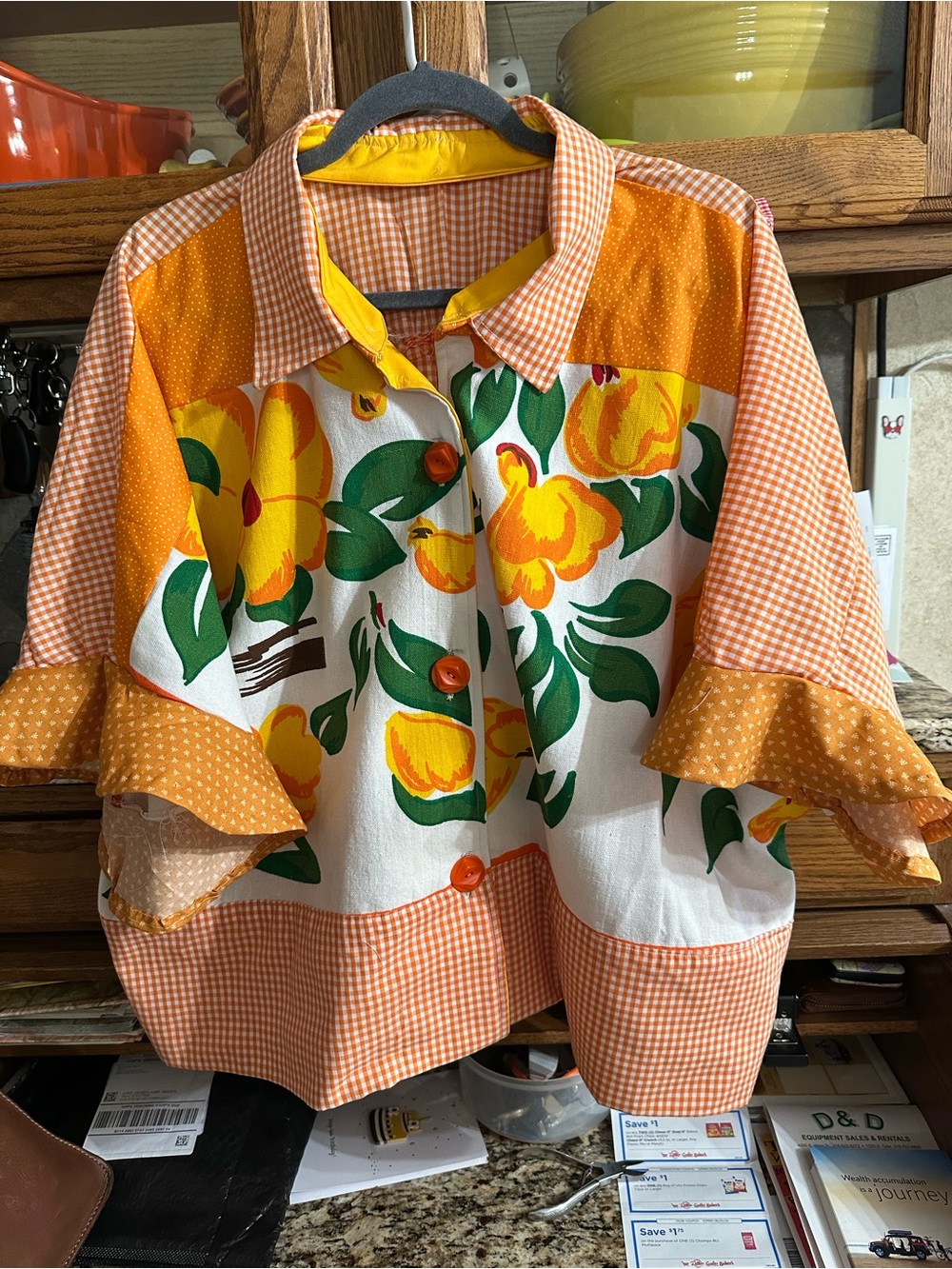 Orange Floral Button-Front Women’s Blouse with Ruffle Sleeves